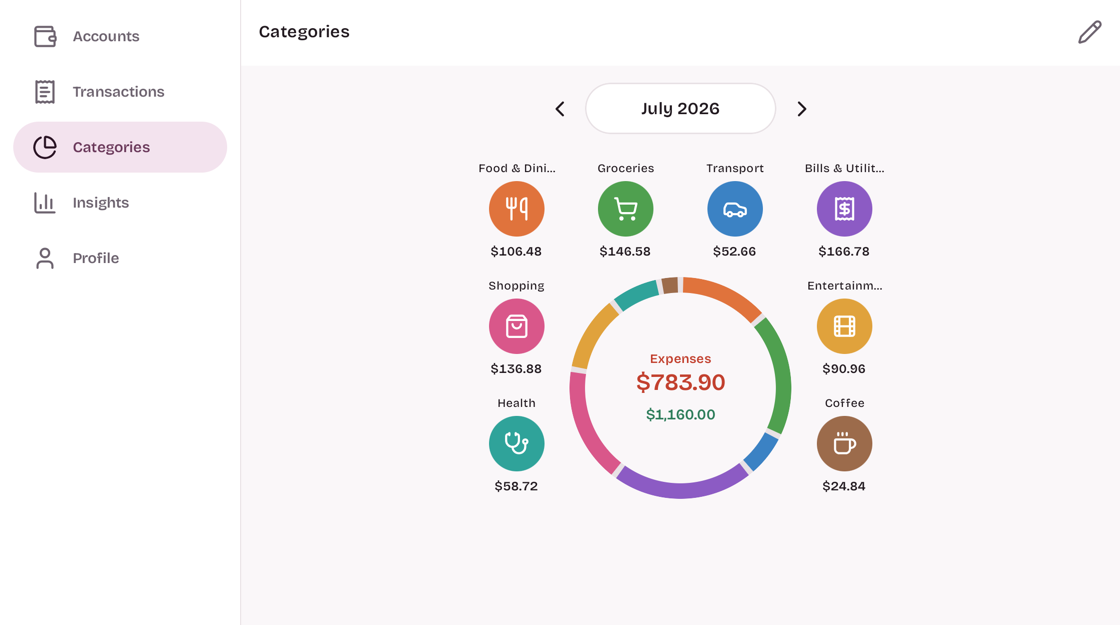 Arco on desktop, the expanded layout with a side navigation rail and the spending overview
