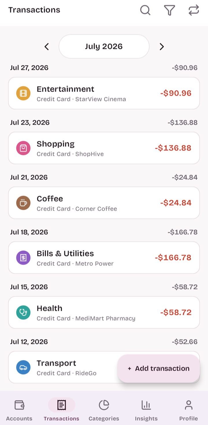 The imported transactions in Arco, each line sorted into a category, with the merchant kept as the note (StarView Cinema, ShopHive, Corner Coffee, Metro Power, MediMart Pharmacy)